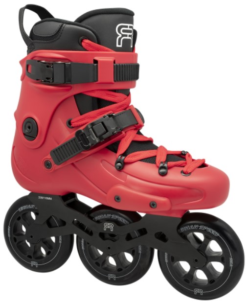 A red inline skate, named FR 1 310, with 3 wheels of 110 mm and with an FR Logo 45° buckle